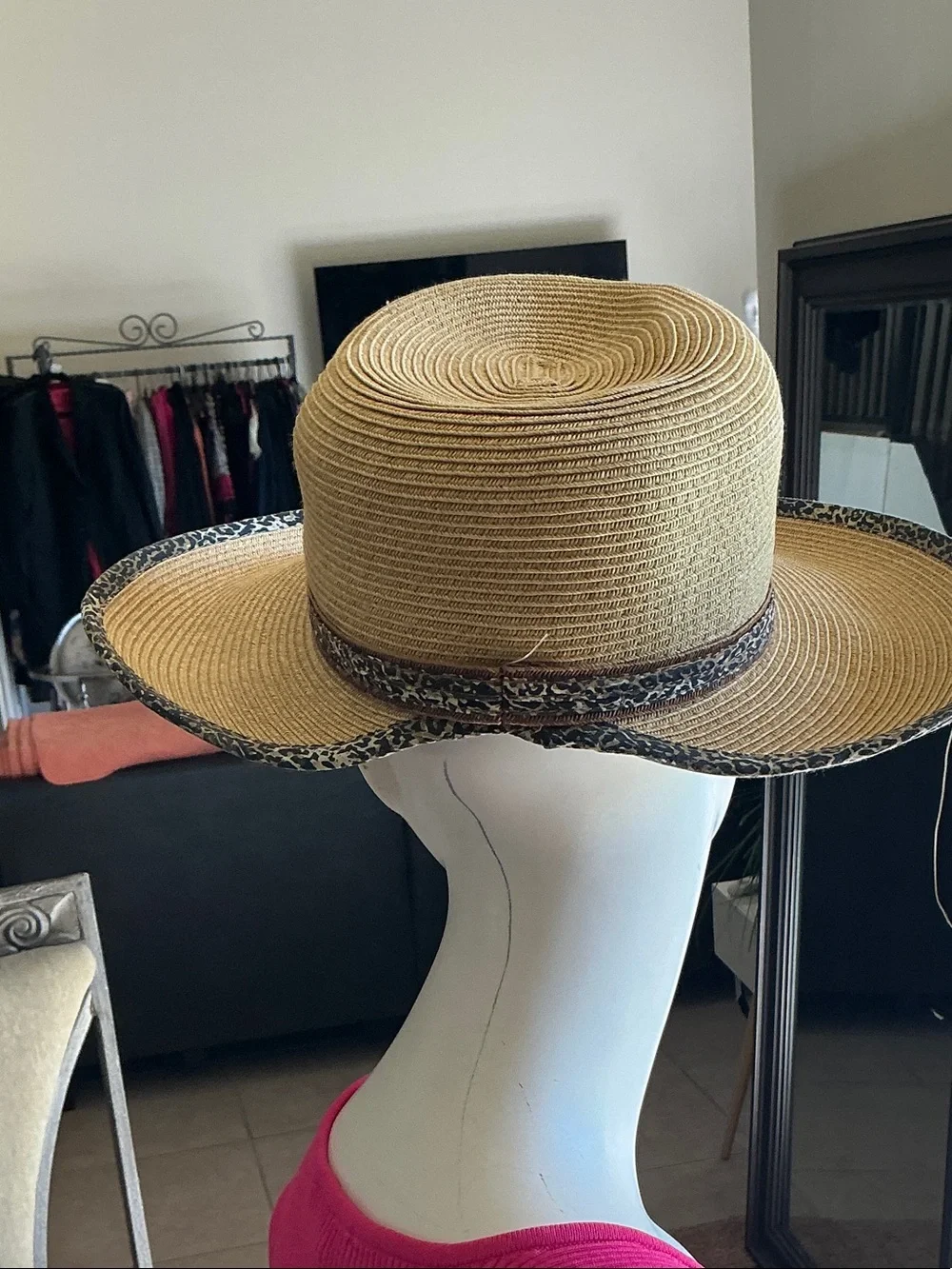 Natural Straw Wide-Brim Hat with Leopard-Accent Trim